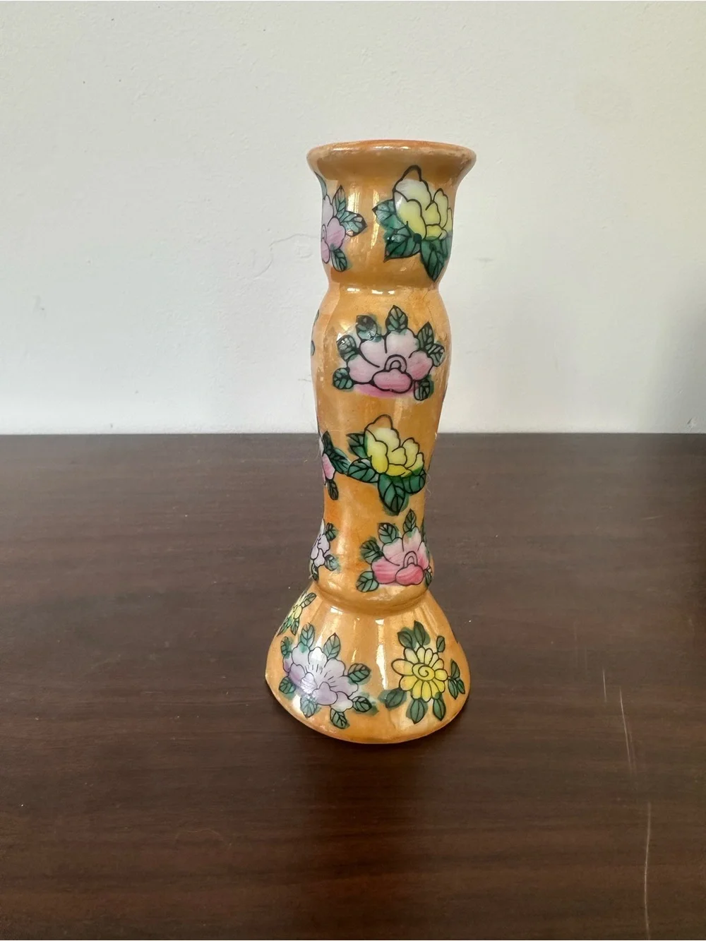 Hand-Painted Lusterware Floral Ceramic Candle Holder